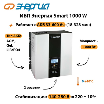 ИБП Энергия Smart 1000W - ИБП и АКБ - Энергия ИБП Smart - . Магазин оборудования для автономного и резервного электропитания Ekosolar.ru в Чехове