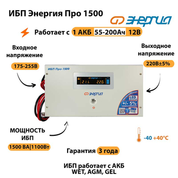 Энергия ИБП Про 1500 12В - ИБП и АКБ - ИБП для котлов - . Магазин оборудования для автономного и резервного электропитания Ekosolar.ru в Чехове