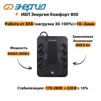 ИБП Комфорт 800 Энергия - ИБП и АКБ - ИБП для компьютера - . Магазин оборудования для автономного и резервного электропитания Ekosolar.ru в Чехове